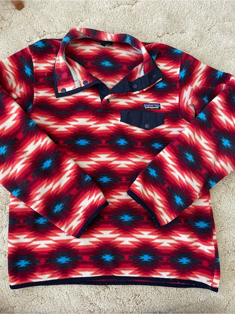 Patagonia Kids Red & Blue Aztec Pattern Snap-T Pullover